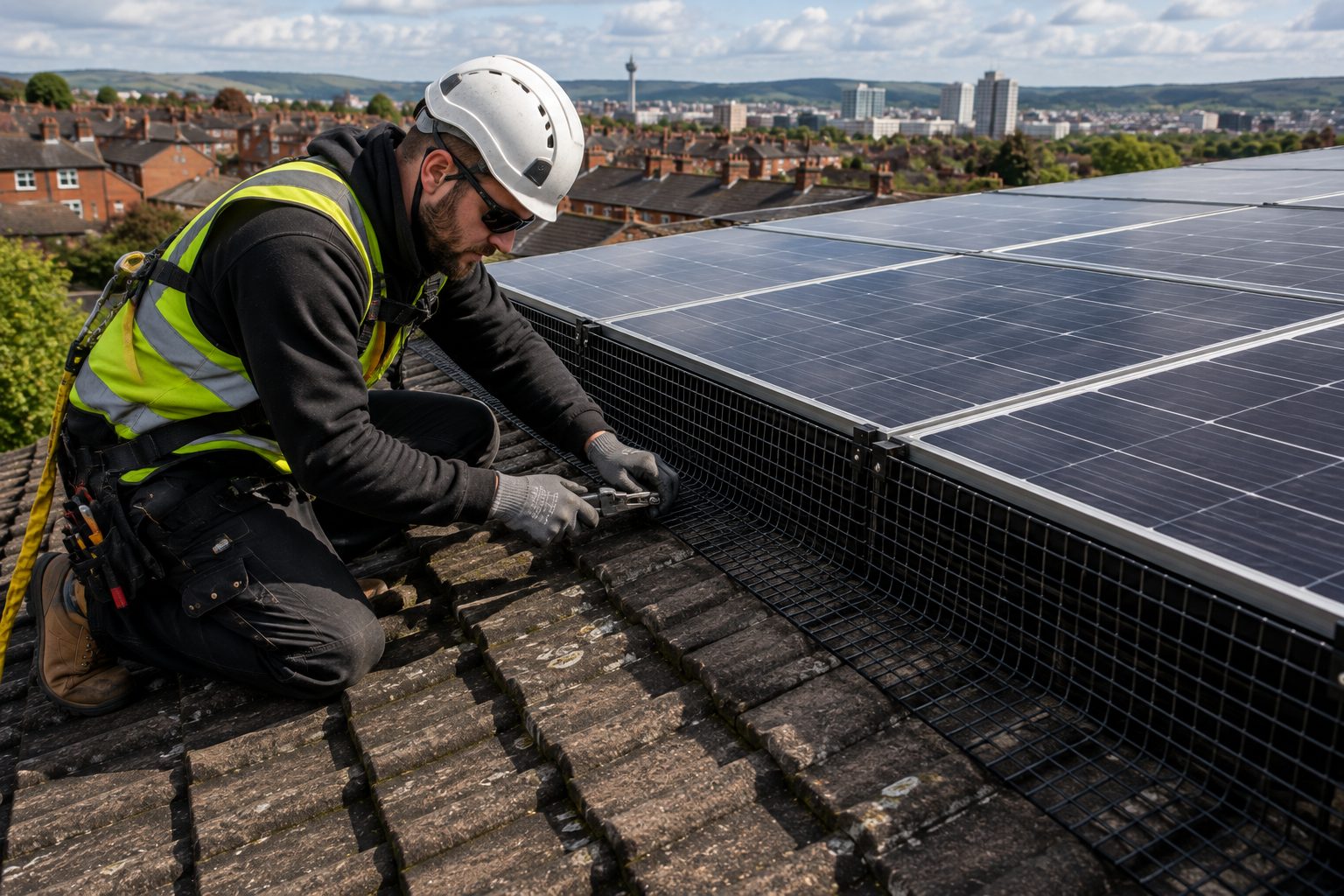 Technician fitting bird mesh along a solar panel edge on a residential roof