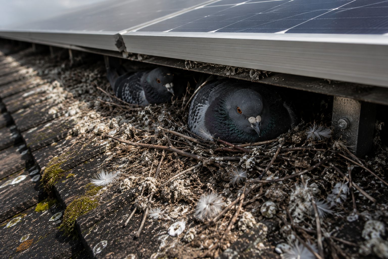 Pigeons nesting in debris beneath a solar panel edge