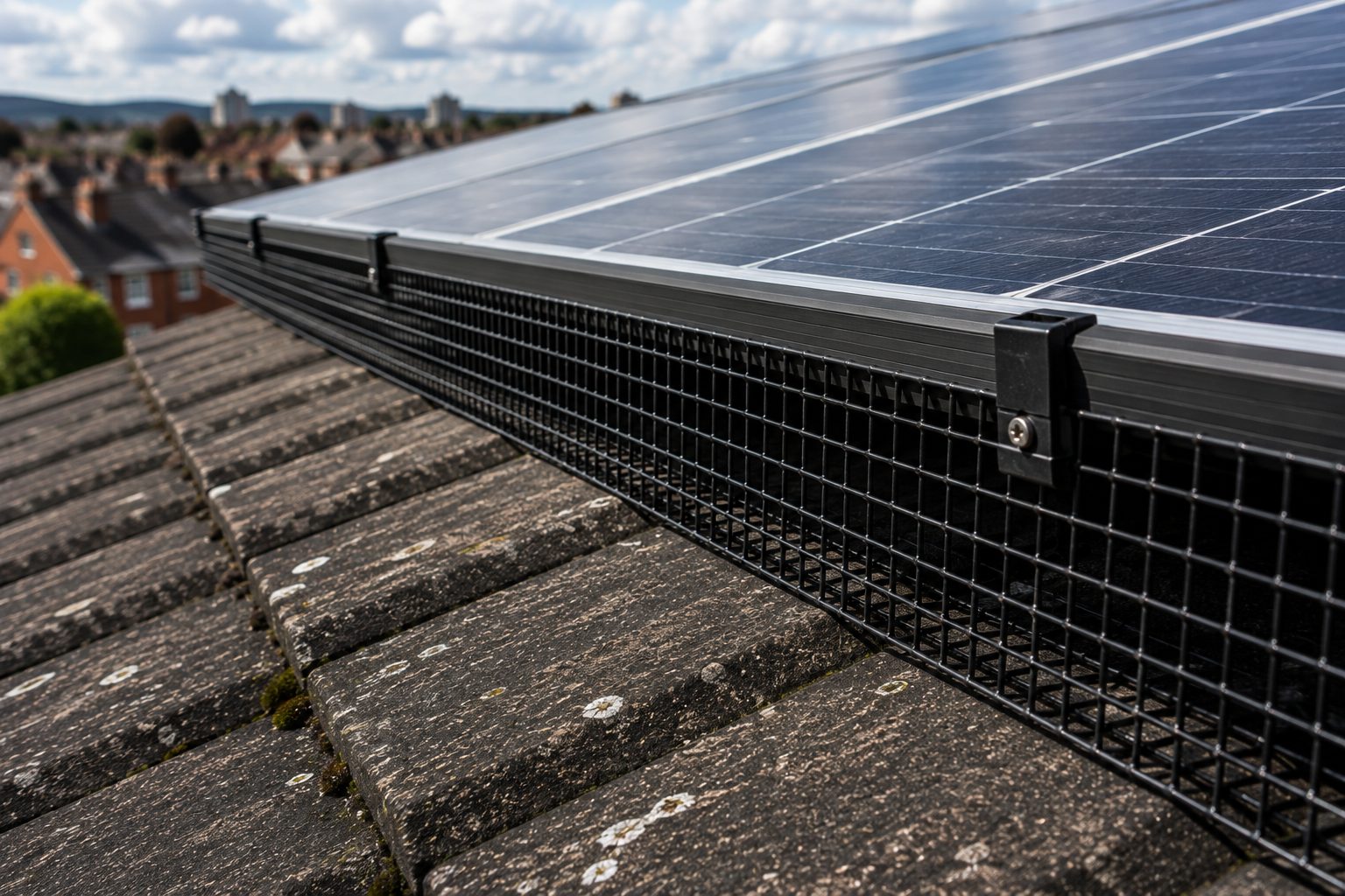 Bird mesh fitted neatly along the edge of a solar panel array