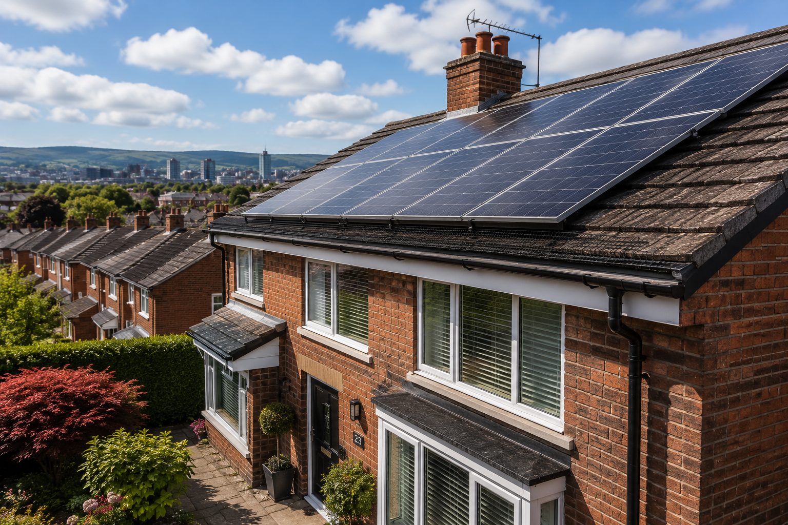 Semi-detached house with solar panels and bird mesh fitted along the roofline