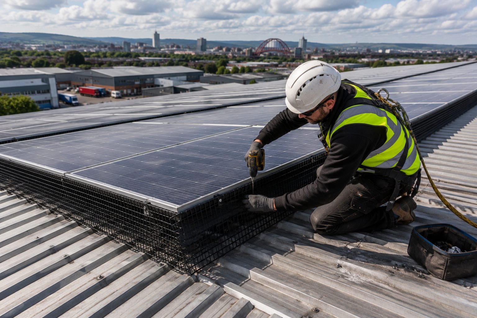 Technician fitting bird mesh on a commercial flat-roof solar array